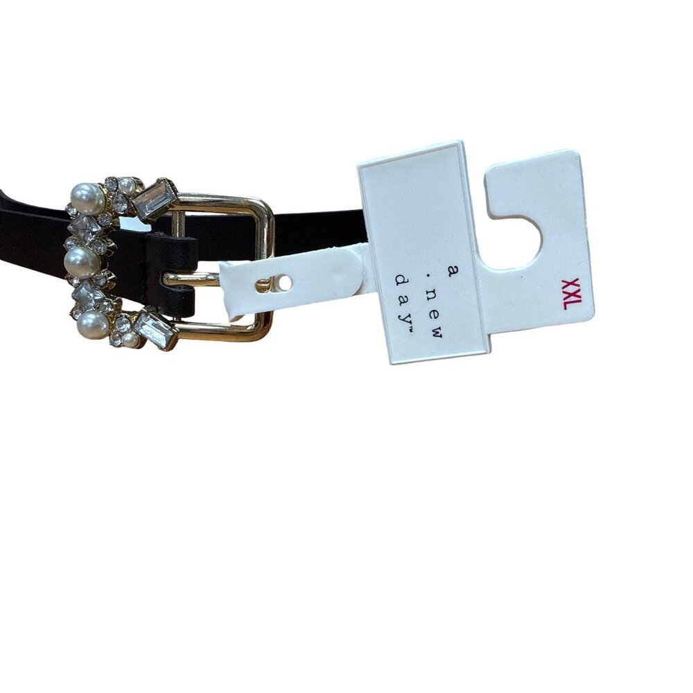 A New Day Womens Black Belt With Pearl & Rhinestone Buckle XXL